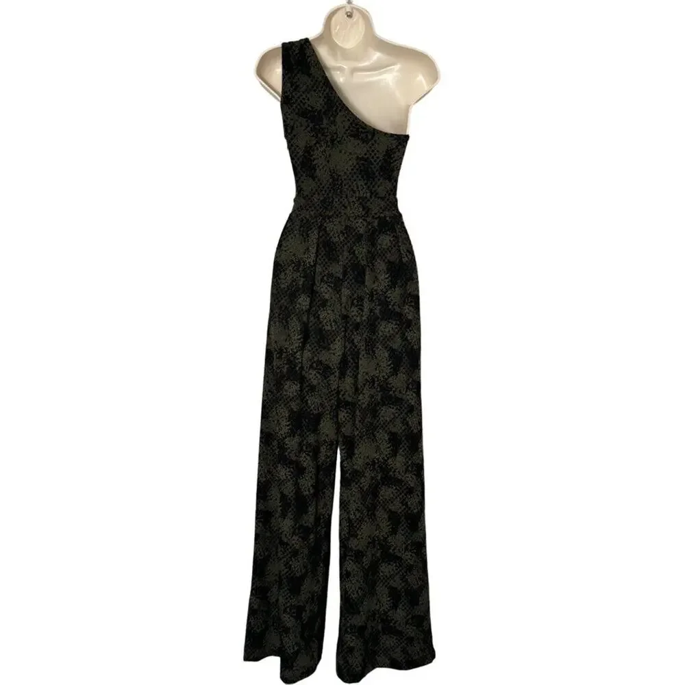 Free People Womens Maya Black and Green Printed One Shoulder Jumpsuit Size XS‎